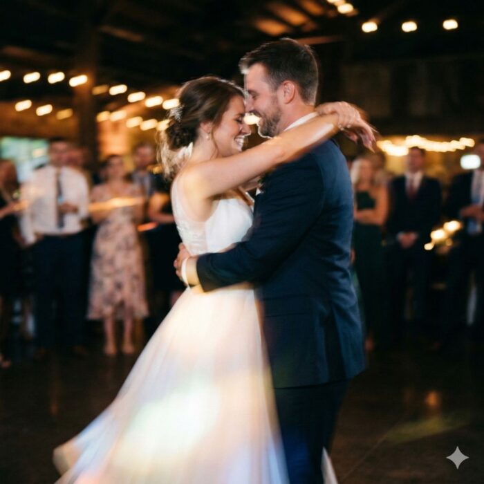 A close-up square photograph of a bridal couple's first dance rendered with intentional artistic motion blur.